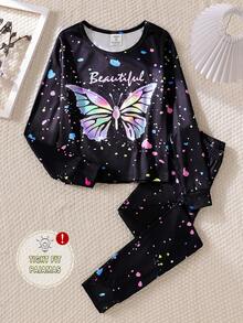 2 Piece Sets Snug Fit Glow-In-The-Dark Pajama Set For Tween Girls,Black Cute Sleep Night Wear Butterfly Print Long Sleeve T-Shirt And Leggings,Winter - Red - View 3