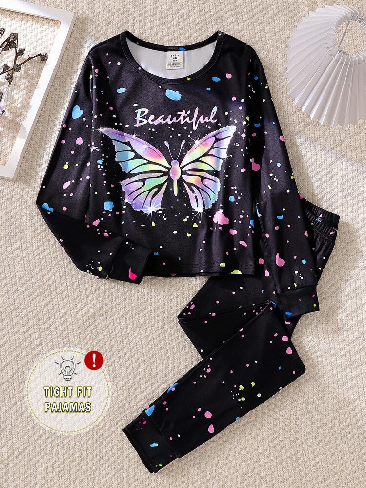 2 Piece Sets Snug Fit Glow-In-The-Dark Pajama Set For Tween Girls,Black Cute Sleep Night Wear Butterfly Print Long Sleeve T-Shirt And Leggings,Winter - Red - View 3