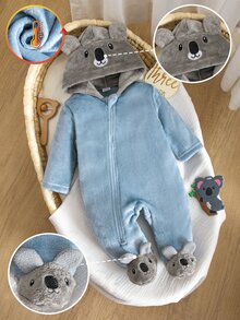 1 bộ bodysuit dài tay quần dài cho trẻ sơ sinh màu xám, họa tiết gấu Koala xám xanh in và thêu, chất lông dày mềm mại, phù hợp mặc mùa thu/đông - Nhiều màu - Xem 8