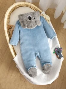 1 bộ bodysuit dài tay quần dài cho trẻ sơ sinh màu xám, họa tiết gấu Koala xám xanh in và thêu, chất lông dày mềm mại, phù hợp mặc mùa thu/đông - Nhiều màu - Xem 2