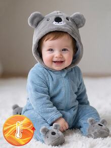 1 bộ bodysuit dài tay quần dài cho trẻ sơ sinh màu xám, họa tiết gấu Koala xám xanh in và thêu, chất lông dày mềm mại, phù hợp mặc mùa thu/đông - Nhiều màu - Xem 6