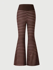 SHEIN بنطال طويل كاجوال للبنات بطبعة مخططة بتصميم بسيط وقصة ضيقة، إرسال 1 قطعة من 3 قطع عشوائية - بني - مشاهدة 2