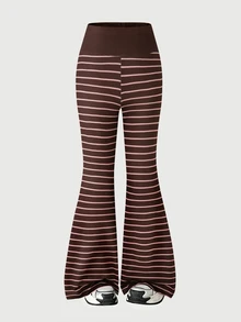 SHEIN بنطال طويل كاجوال للبنات بطبعة مخططة بتصميم بسيط وقصة ضيقة، إرسال 1 قطعة من 3 قطع عشوائية - بني - مشاهدة 1