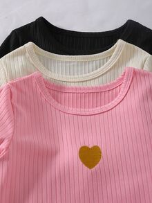 SHEIN 3件組女童休閒日常簡約可愛時尚度假舒適羅紋針織聚酯纖維素色杏色粉色黑色圓領長袖返校春秋經典T恤 - 彩色 - 查看 6
