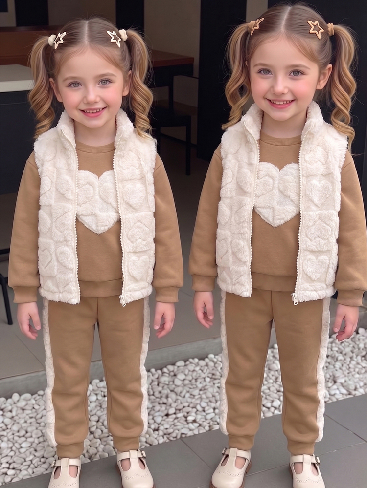3pcs/Set Girls Winter Outfit New Style Set Round Neck Ribbed Long Sleeve Front Heart Patch Embroidery Sweatshirt Casual Sweatpants With Tapered Cuffs Side Fur Patchwork Pants Heart Jacquard Fleece Sleeveless High Neck Zip-Up Vest - Khaki - View 1