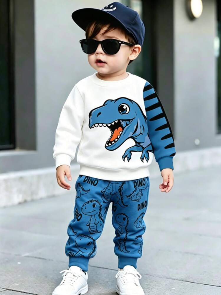 SHEIN 2pcs Baby Boys Cute Dinosaur Print Fleece Crew Neck Long Sleeve Sweatshirt And Matching Fleece Sweatpants Set, Suitable For Autumn/Winter - Multicolor - View 3