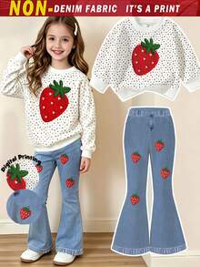 SHEIN Young Girls 1 Set Fall Polka Dot Strawberry Print Sweatshirt & Pants Set, Cute Cozy Autumn Outfit - Multicolor - View 4