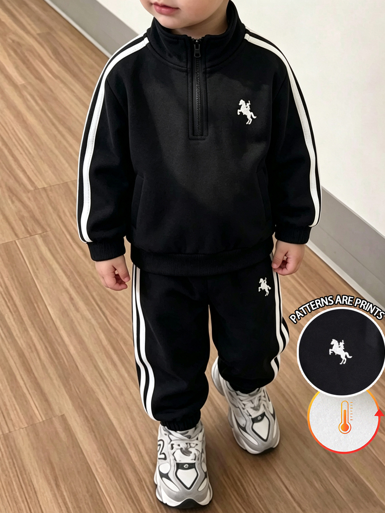 2pcs Baby Boys Sweatshirt Set Sporty Black White Stripe Horse Print Long Sleeve Loose Half-Zip Stand Collar Fleece Lined Fall Winter Cute Outfit - Multicolor - View 4