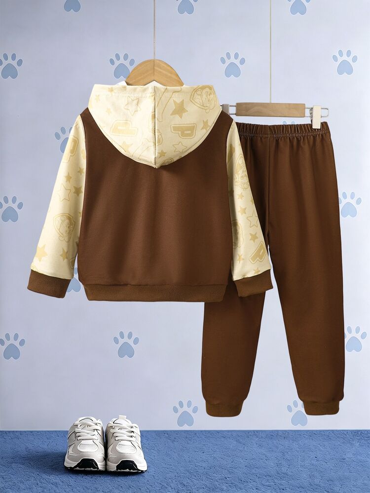 SHEIN | PAW Patrol Boys Brown Beige Color Block Cartoon Dog Letter Print Hoodie Set Fall Casual Loose Long Sleeve Ribbed Cuffs Back To School Outfits - Brown - View 2