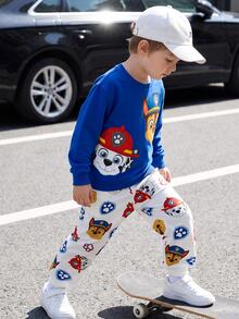 SHEIN | PAW Patrol 小男孩皇家藍白色拼接卡通狗印花寬鬆圓領運動衫與慢跑褲套裝 可愛返校秋季穿搭 - 彩色 - 查看 9