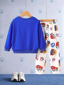 SHEIN | PAW Patrol 小男孩皇家藍白色拼接卡通狗印花寬鬆圓領運動衫與慢跑褲套裝 可愛返校秋季穿搭 - 彩色 - 查看 2