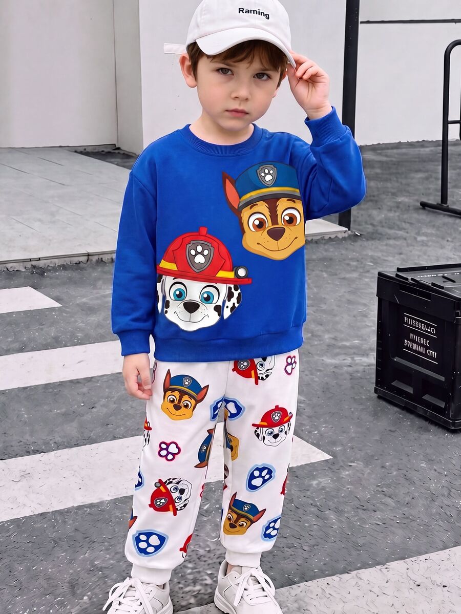 SHEIN | PAW Patrol 小男孩皇家藍白色拼接卡通狗印花寬鬆圓領運動衫與慢跑褲套裝 可愛返校秋季穿搭 - 彩色 - 查看 1