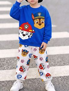 SHEIN | PAW Patrol 小男孩皇家藍白色拼接卡通狗印花寬鬆圓領運動衫與慢跑褲套裝 可愛返校秋季穿搭 - 彩色 - 查看 8