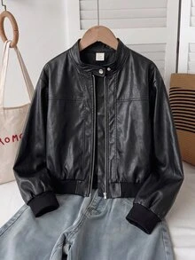 Casuvi Kids 青少年女孩復古機車風黑色夾克，亮面PU皮革面料，挺挺版型，立領配單個金屬按扣，銀色長拉鍊，前片開衩縫線設計，羅紋下擺與袖口，落肩寬鬆版型，背面簡約無裝飾，適合日常出遊、上學，春秋穿著 - 黑色 - 查看 6