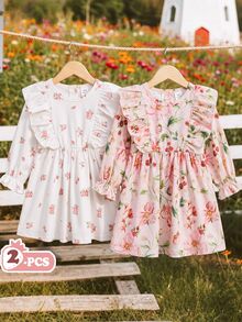 SHEIN Vintaside Kids 2件組女嬰洋裝，春秋休閒可愛仙女森系刺繡洋裝，適合幼兒野餐度假，粉色花卉 - 彩色 - 查看 1