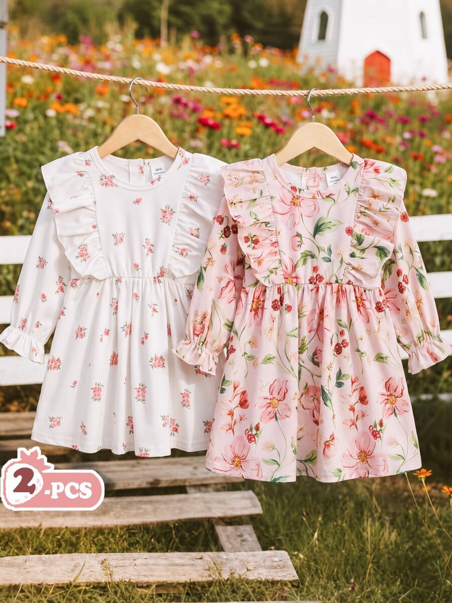 SHEIN Vintaside Kids 2件組女嬰洋裝,春秋休閒可愛仙女森系刺繡洋裝,適合幼兒野餐度假,粉色花卉 - 彩色 - 查看 1