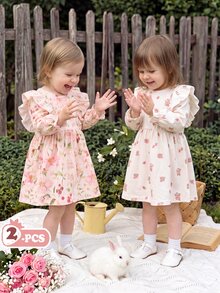 SHEIN Vintaside Kids 2件組女嬰洋裝，春秋休閒可愛仙女森系刺繡洋裝，適合幼兒野餐度假，粉色花卉 - 彩色 - 查看 3