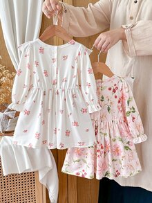 SHEIN Vintaside Kids 2件組女嬰洋裝，春秋休閒可愛仙女森系刺繡洋裝，適合幼兒野餐度假，粉色花卉 - 彩色 - 查看 5