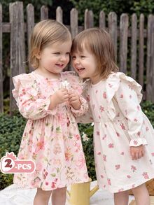 SHEIN Vintaside Kids 2件組女嬰洋裝，春秋休閒可愛仙女森系刺繡洋裝，適合幼兒野餐度假，粉色花卉 - 彩色 - 查看 6