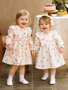 SHEIN Vintaside Kids 2件組女嬰洋裝，春秋休閒可愛仙女森系刺繡洋裝，適合幼兒野餐度假，粉色花卉 - 彩色 - 查看 4