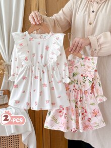 SHEIN Vintaside Kids 2件組女嬰洋裝，春秋休閒可愛仙女森系刺繡洋裝，適合幼兒野餐度假，粉色花卉 - 彩色 - 查看 2