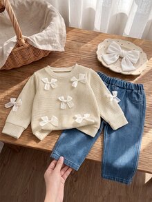 SHEIN 2件組幼兒女嬰運動衫牛仔套裝，甜美米色與藍色，薄紗蝴蝶結針織長袖圓領，生日派對秋季芭蕾公主直筒褲 - 卡其色 - 查看 6