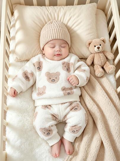 SHEIN 2pcs Newborn Baby Girl Sweatshirt Pants Set Cute White Brown Fuzzy Sherpa Bear Print Long Sleeve Round Neck Regular Outdoor Fall Cozy Bebe Girly Daily