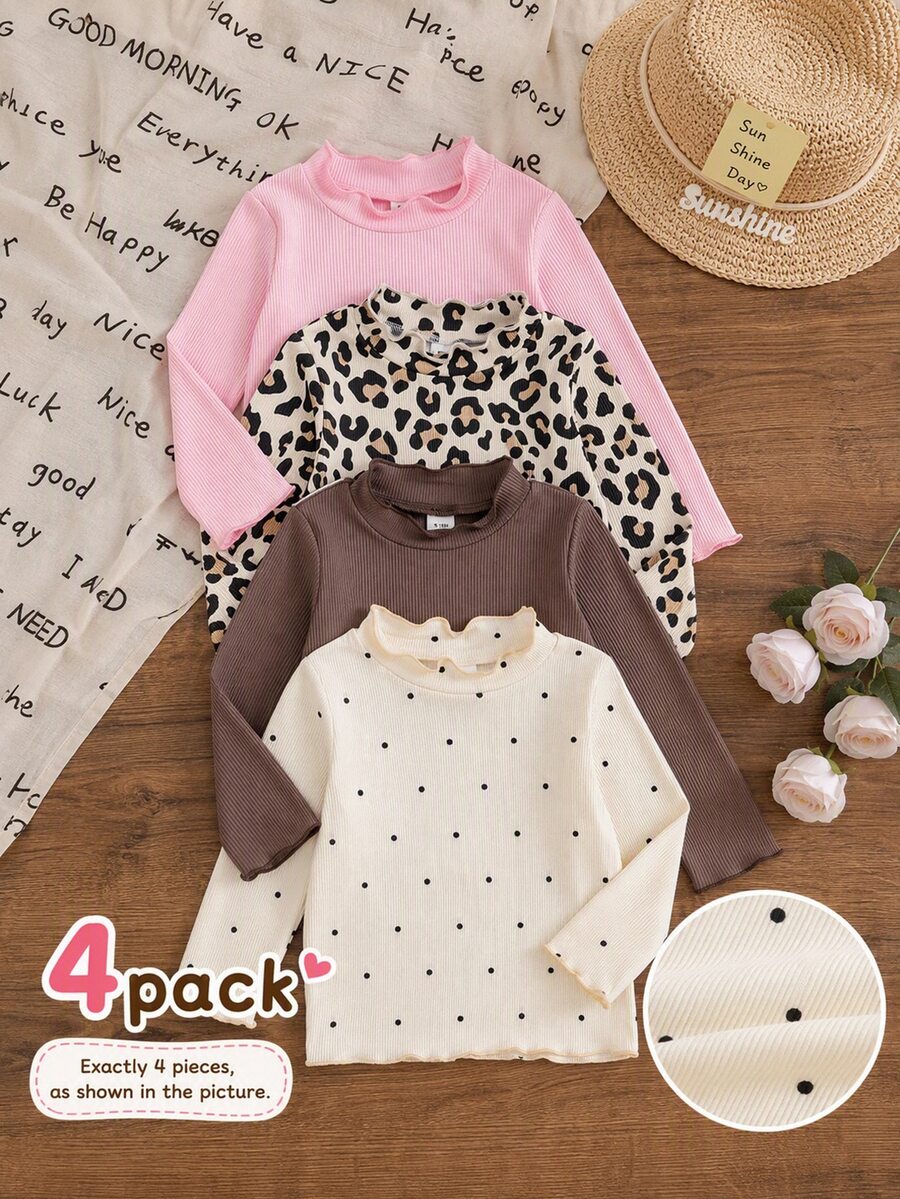 SHEIN Playful Pals 4件組幼女羅紋上衣，可愛甜美粉色豹紋棕色波浪下擺荷葉邊飾長袖小立領，生日秋季萬聖節波點印花