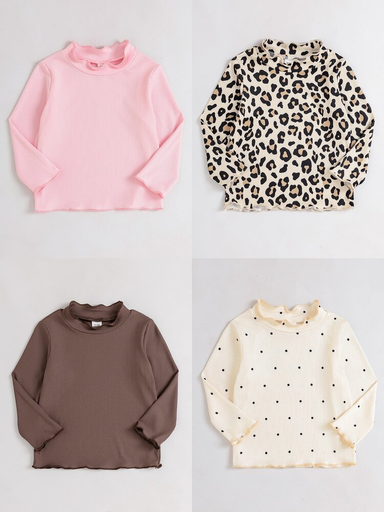 SHEIN Playful Pals 4pcs Toddler Girl Ribbed Tops Shirts Cute Sweet Pink Brown Leopard Polka Dot Wavy Hem Long Sleeve Mock Neck Light Birthday Fall Halloween Princess - Multicolor - View 6