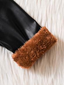 SHEIN Baby Girls PU Leather Coat, Thicken Fuzzy Plush Collar Winter Long Jacket, Cute Long Sleeve Faux Leather Outwear With Bow Decor For Christmas Outfit - Black - View 5