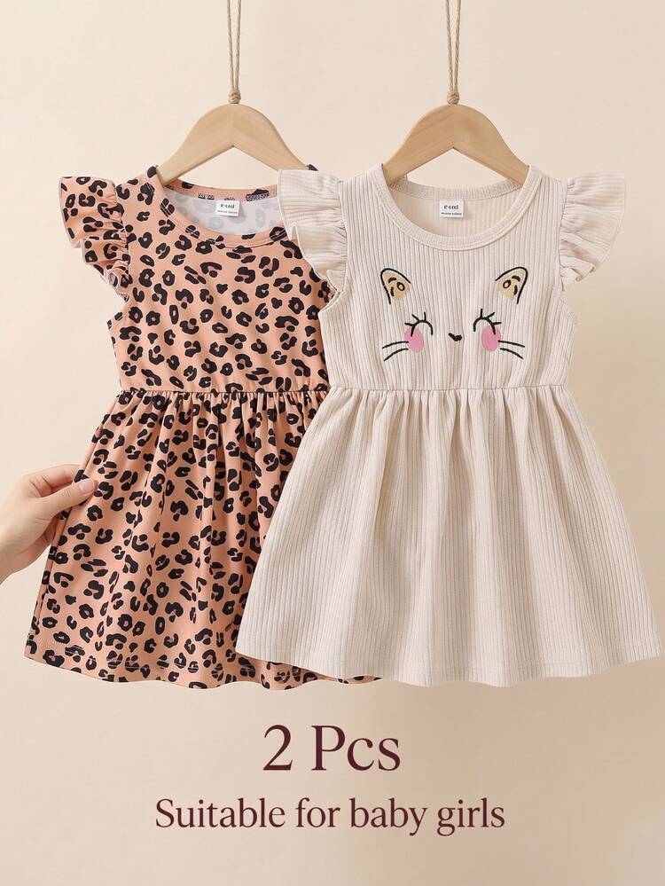 Souflis Souflis 2pcs/Set Baby Girl Summer Casual Sweet Cute Fashion Elegant Leopard Print + Apricot Color Cap Sleeve Round Neck Waist-Cinched A-Line Dress With Cat Embroidery, Versatile For Daily Wear, Travel, Vacation And Various Occasions - Brown - View 3