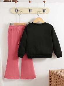 SHEIN Elladie kids 2件組少女簡約時尚粉色蝴蝶結黑色上衣與粉色長褲運動套裝 - 彩色 - 查看 2