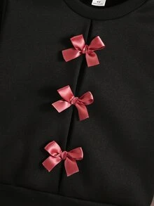 SHEIN Elladie kids 2件組少女簡約時尚粉色蝴蝶結黑色上衣與粉色長褲運動套裝 - 彩色 - 查看 4