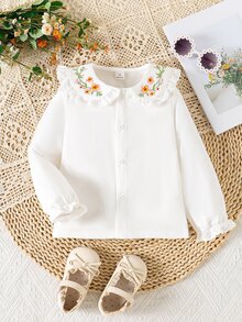 SHEIN Vintaside Kids 1件女嬰幼女上衣，甜美優雅白色花卉刺繡蕾絲飾邊，長袖泡泡袖彼得潘領，生日派對秋季萬聖節高雅風 - 白色 - 查看 3