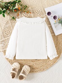 SHEIN Vintaside Kids 1件女嬰幼女上衣，甜美優雅白色花卉刺繡蕾絲飾邊，長袖泡泡袖彼得潘領，生日派對秋季萬聖節高雅風 - 白色 - 查看 2