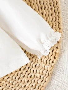SHEIN Vintaside Kids 1件女嬰幼女上衣，甜美優雅白色花卉刺繡蕾絲飾邊，長袖泡泡袖彼得潘領，生日派對秋季萬聖節高雅風 - 白色 - 查看 6