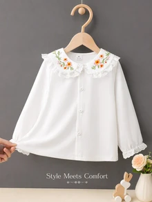 SHEIN Vintaside Kids 1件女嬰幼女上衣，甜美優雅白色花卉刺繡蕾絲飾邊，長袖泡泡袖彼得潘領，生日派對秋季萬聖節高雅風 - 白色 - 查看 8