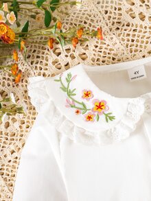 SHEIN Vintaside Kids 1件女嬰幼女上衣，甜美優雅白色花卉刺繡蕾絲飾邊，長袖泡泡袖彼得潘領，生日派對秋季萬聖節高雅風 - 白色 - 查看 5
