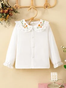 SHEIN Vintaside Kids 1件女嬰幼女上衣，甜美優雅白色花卉刺繡蕾絲飾邊，長袖泡泡袖彼得潘領，生日派對秋季萬聖節高雅風 - 白色 - 查看 9