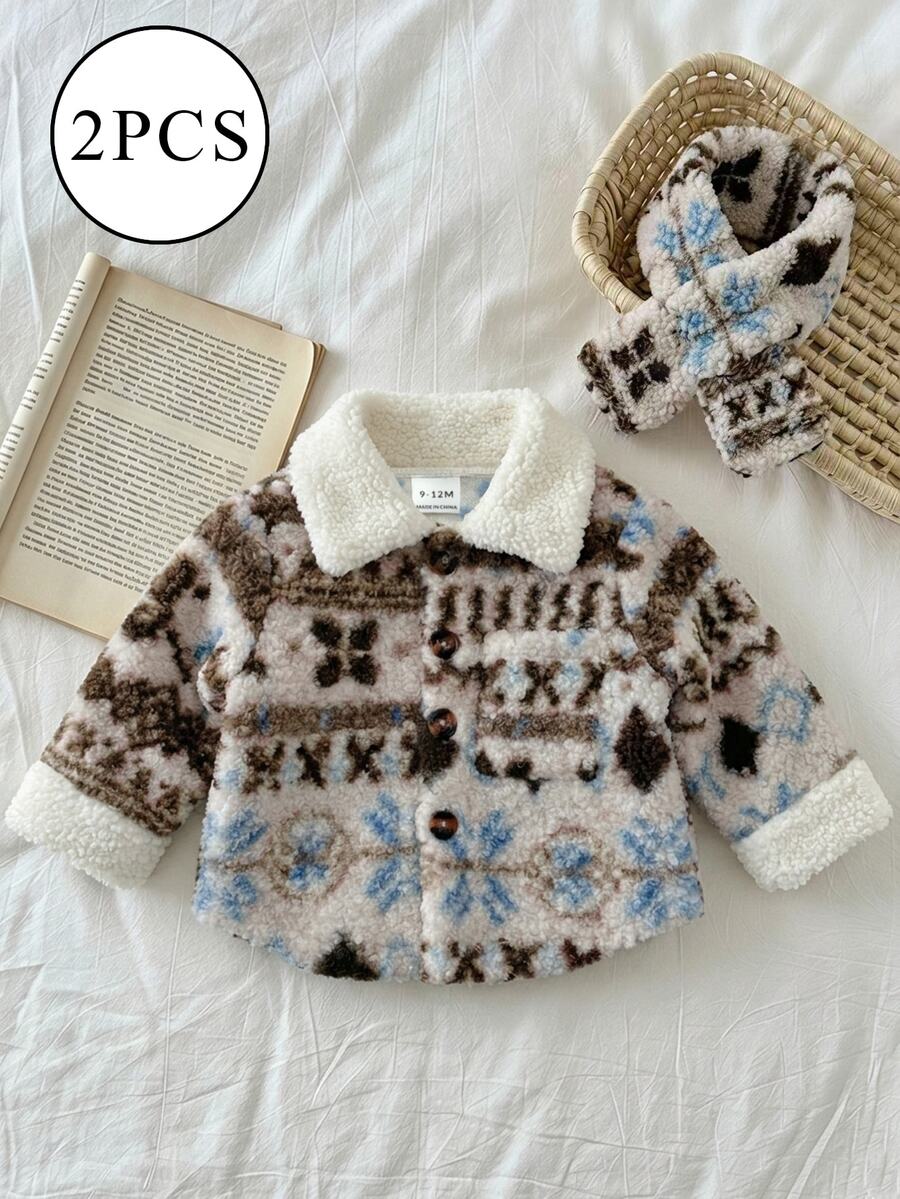 SHEIN 2pcs Baby Girl Toddler Preppy Geometric Faux Shearling Lapel Collar Long Sleeve Thick Jacket Coat With Scarf Set Daily Outing Fall Winter