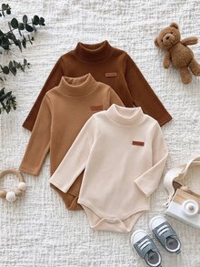 SHEIN Vintaside Kids 3 Pack Baby Boy Bodysuits Cute Preppy Brown Tan Beige Ribbed Knit Patch Long Sleeve Mock Neck Regular Birthday Party Fall Fall Clothes Autumn Solid - Multicolor - View 5