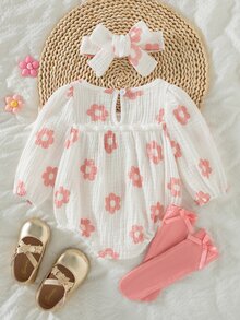 SHEIN 3pcs Baby Cute Rabbit Embroidery & Pom Pom Decor Sleeveless Bodysuit Set, Summer Daisy Baby Outfit - Pink - View 2