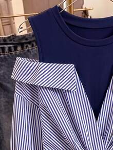 Elladie kids 1pc Girls Striped Design, Long Sleeve Off-Shoulder Casual Shirt, Suitable For Spring And Autumn Fashion Top - Navy Blue - View 7