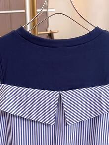 Elladie kids 1pc Girls Striped Design, Long Sleeve Off-Shoulder Casual Shirt, Suitable For Spring And Autumn Fashion Top - Navy Blue - View 9
