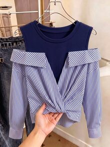 Elladie kids 1pc Girls Striped Design, Long Sleeve Off-Shoulder Casual Shirt, Suitable For Spring And Autumn Fashion Top - Navy Blue - View 8