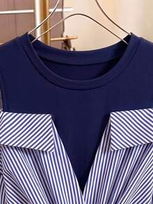 Elladie kids 1pc Girls Striped Design, Long Sleeve Off-Shoulder Casual Shirt, Suitable For Spring And Autumn Fashion Top - Navy Blue - View 4