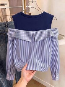 Elladie kids 1pc Girls Striped Design, Long Sleeve Off-Shoulder Casual Shirt, Suitable For Spring And Autumn Fashion Top - Navy Blue - View 3