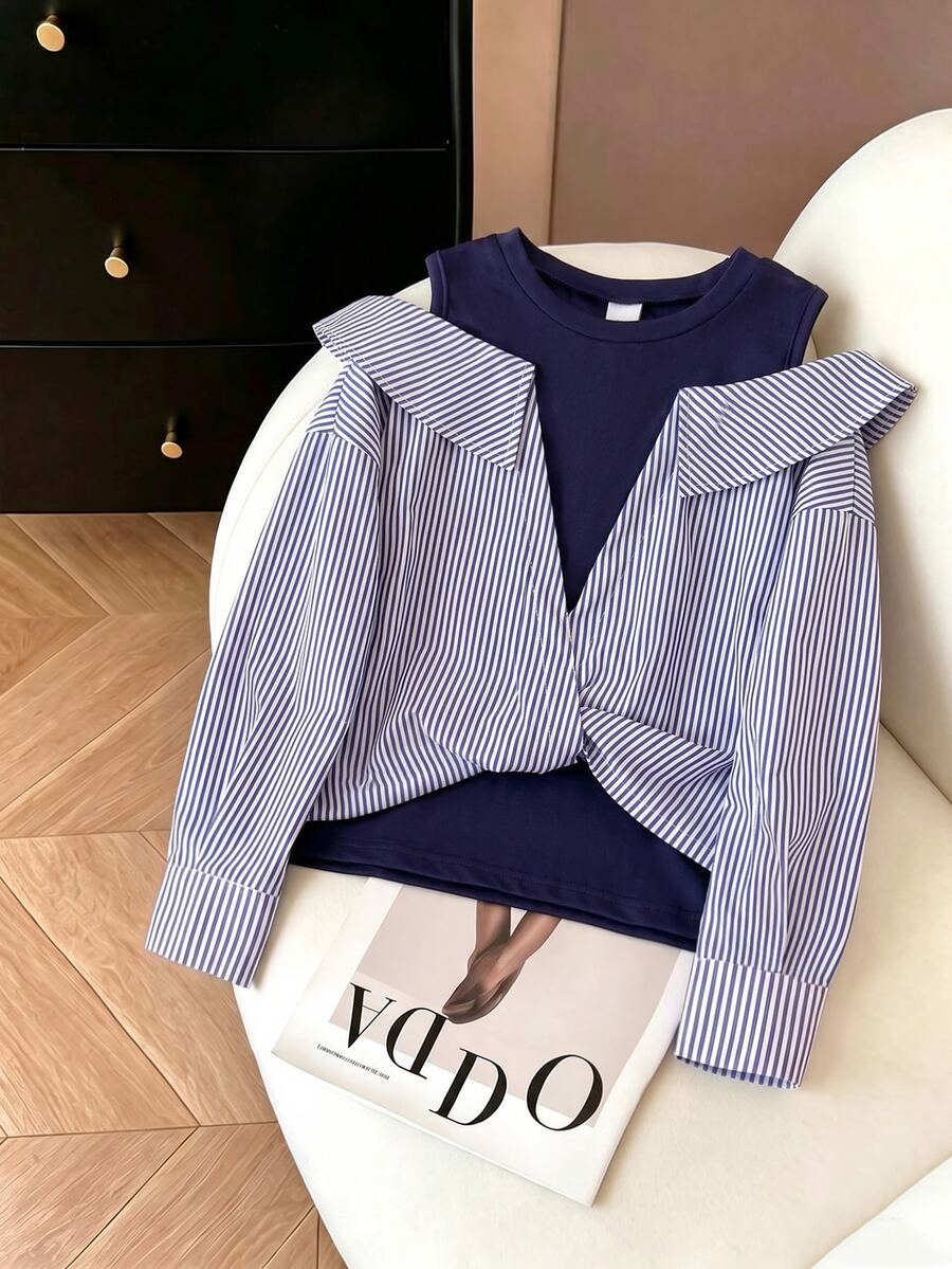 Elladie kids 1pc Girls Striped Design, Long Sleeve Off-Shoulder Casual Shirt, Suitable For Spring And Autumn Fashion Top