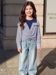 Elladie kids 1pc Girls Striped Design, Long Sleeve Off-Shoulder Casual Shirt, Suitable For Spring And Autumn Fashion Top - Navy Blue - View 5
