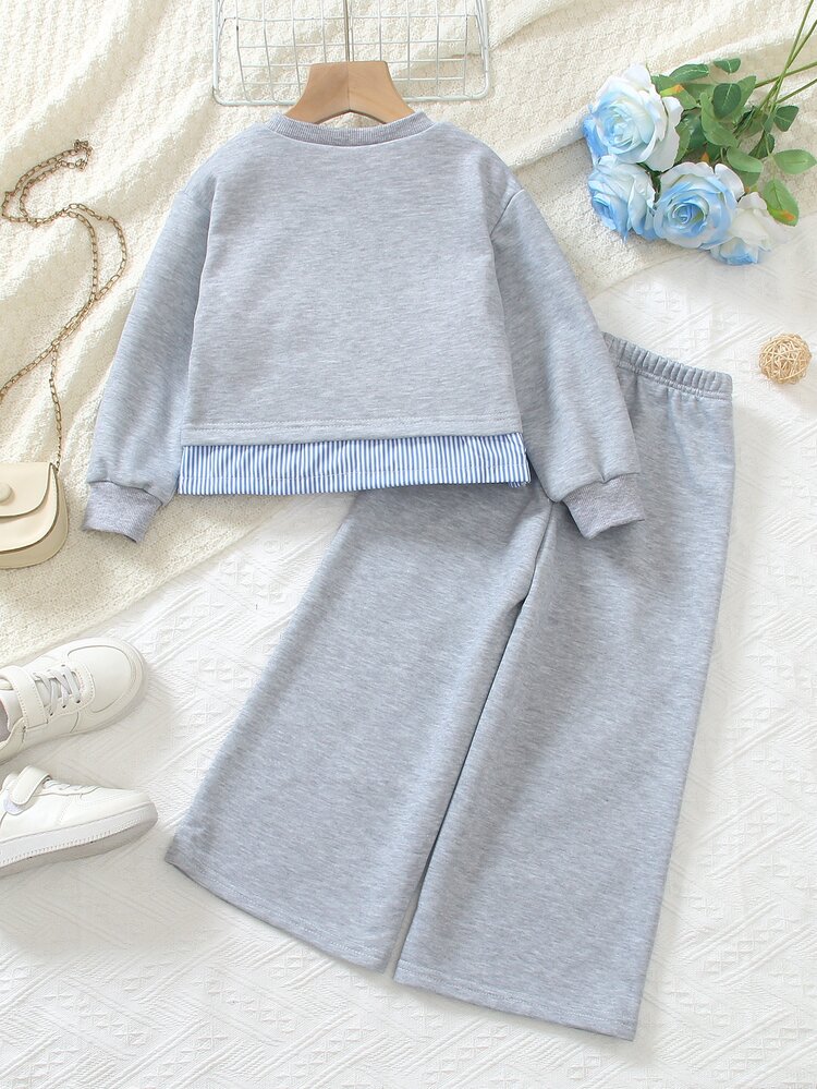 Elladie kids Girls' Korean Style Energetic Loose Fit Gray Floral Sweatshirt 2 In 1 Bow Knot Pattern 2 Pieces Set - Grey - View 2